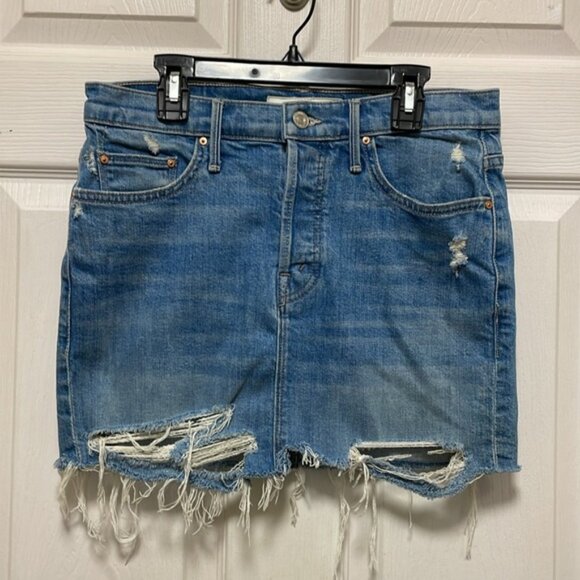 MOTHER Superior VAGABOND MINI FRAY DENIM Destroyed Bills SKIRT Size 26 - Picture 1 of 9